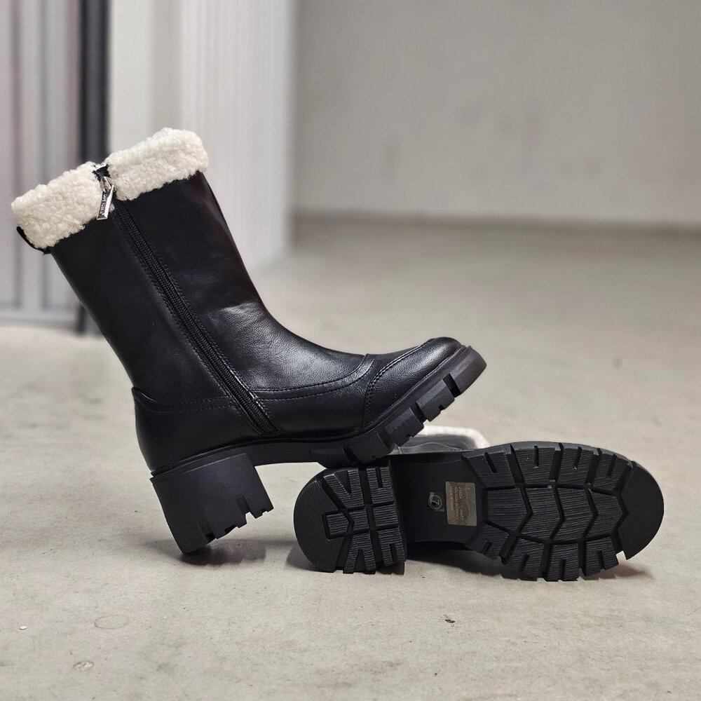 Black Winter Boots With Faux Fur Trim & Chunky Sole - Womens Mid-Calf Style With